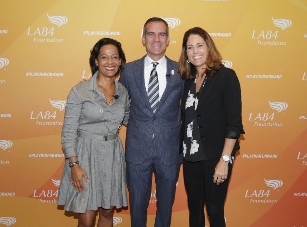 LA84 President/CEO Renata Simril, Los Angeles Mayor Eric Garcetti and Soccer legend and emcee Julie Foudy kicked off the 2016 Summit. 